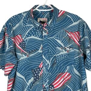 Huk Fishing‎ Shirt Button Down USA Swordfish Mens M Blue Short Sleeve Stretch